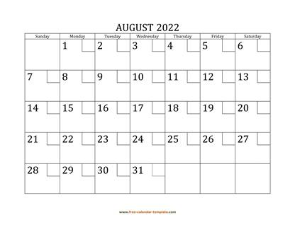 august 2022 calendar checkboxes horizontal
