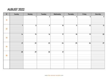 august 2022 calendar daygrid horizontal