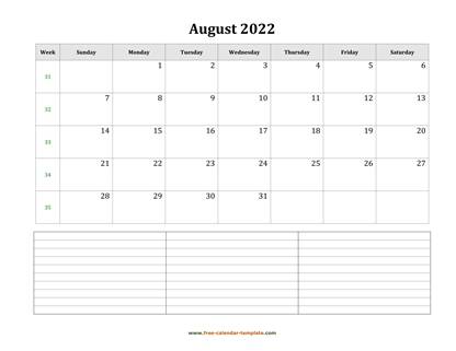 august 2022 calendar notes horizontal
