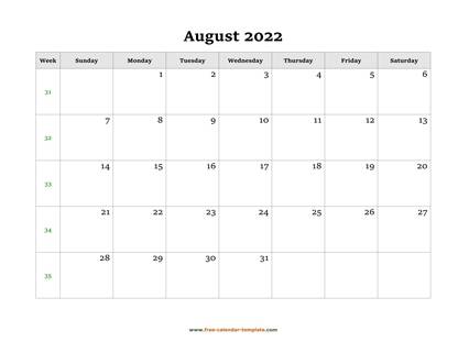 august 2022 calendar simple horizontal