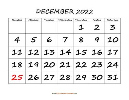 december 2022 calendar bigfont horizontal