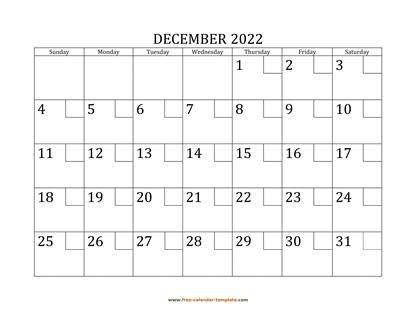 december 2022 calendar checkboxes horizontal