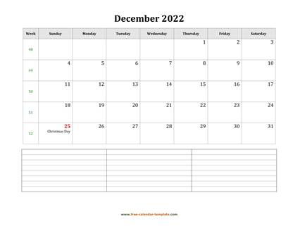 december 2022 calendar notes horizontal