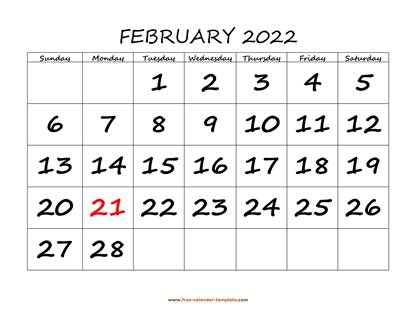 february 2022 calendar bigfont horizontal