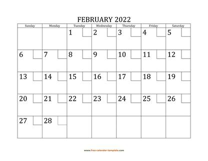 february 2022 calendar checkboxes horizontal