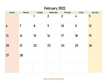 february 2022 calendar colored horizontal