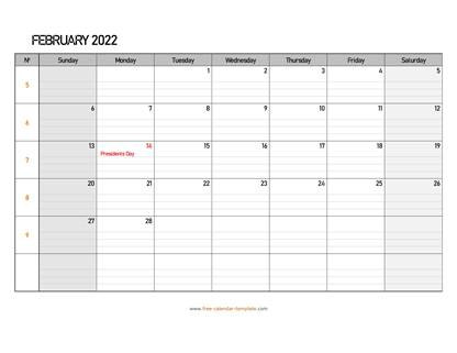 February 2022 Calendar Template February 2022 Calendar Free Printable With Grid Lines Designed (Horizontal)  | Free-Calendar-Template.com
