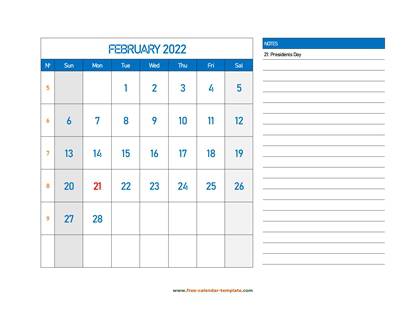 february 2022 calendar largenotes horizontal