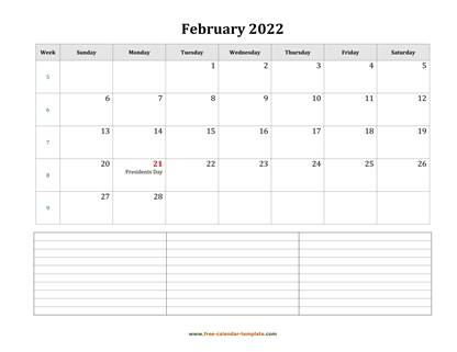 february 2022 calendar notes horizontal