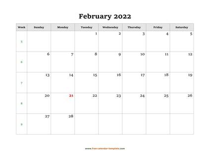 february 2022 calendar simple horizontal