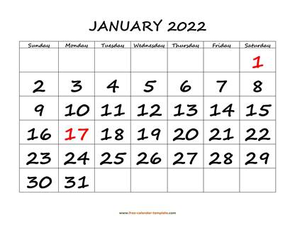 january 2022 calendar bigfont horizontal