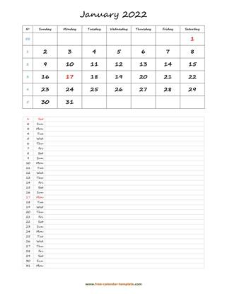 january 2022 calendar daily notes vertical