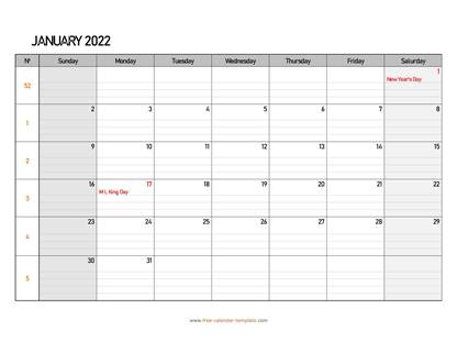 january 2022 calendar daygrid horizontal