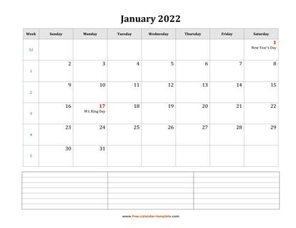 january 2022 calendar notes horizontal