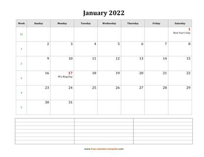 january 2022 calendar notes horizontal