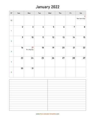 january 2022 calendar notes vertical