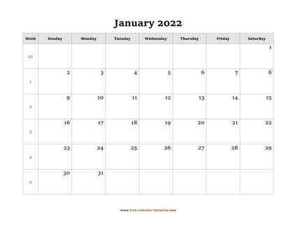 january 2022 calendar simple horizontal
