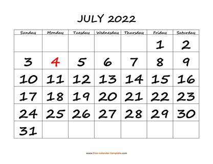 july 2022 calendar bigfont horizontal