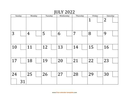 july 2022 calendar checkboxes horizontal