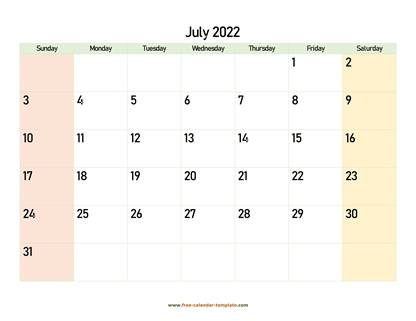 july 2022 calendar colored horizontal