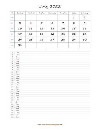 july 2022 calendar daily notes vertical