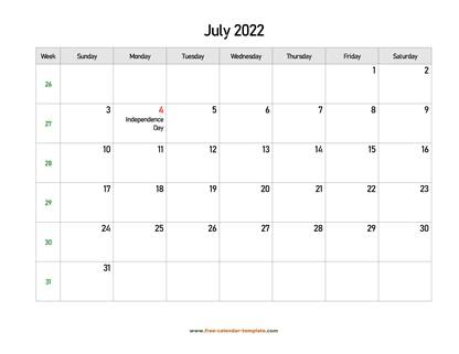 july 2022 calendar holidays horizontal