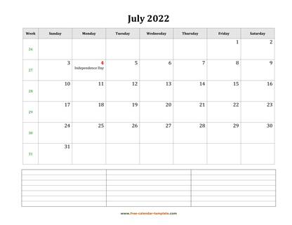 july 2022 calendar notes horizontal