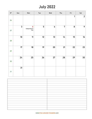 july 2022 calendar notes vertical