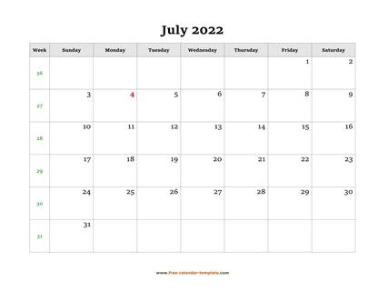 july 2022 calendar simple horizontal