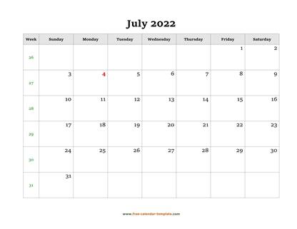 july 2022 calendar simple horizontal
