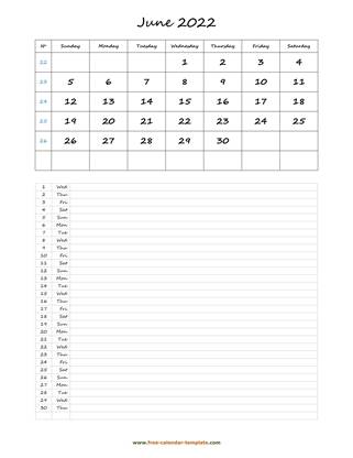 june 2022 calendar daily notes vertical