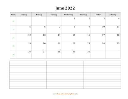 june 2022 calendar notes horizontal