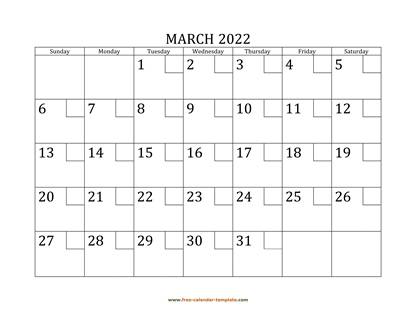 march 2022 calendar checkboxes horizontal