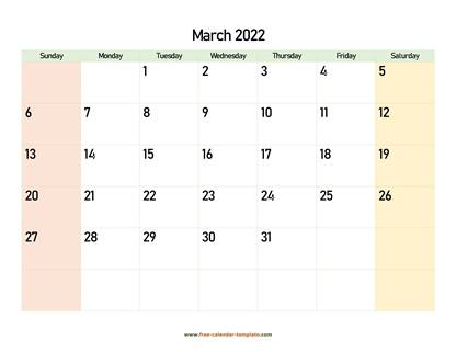 march 2022 calendar colored horizontal