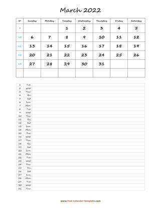 march 2022 calendar daily notes vertical