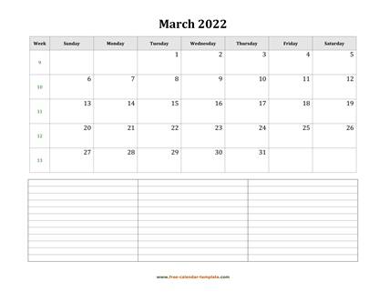 march 2022 calendar notes horizontal