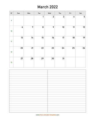march 2022 calendar notes vertical
