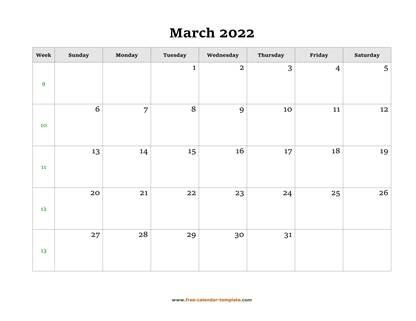 march 2022 calendar simple horizontal