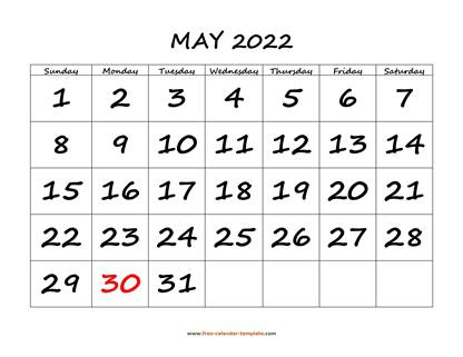 may 2022 calendar bigfont horizontal