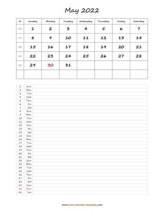 may 2022 calendar daily notes vertical