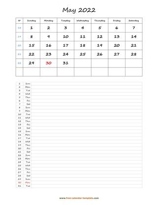 may 2022 calendar daily notes vertical