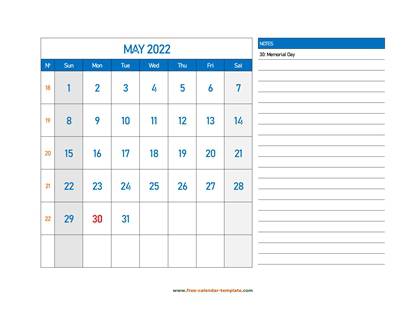 may 2022 calendar largenotes horizontal