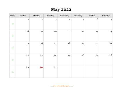 may 2022 calendar simple horizontal