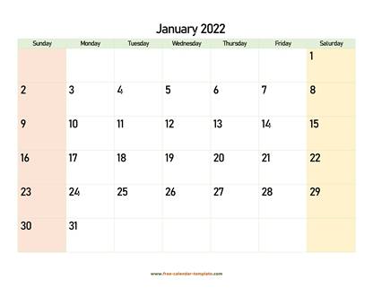 monthly 2022 calendar colored horizontal