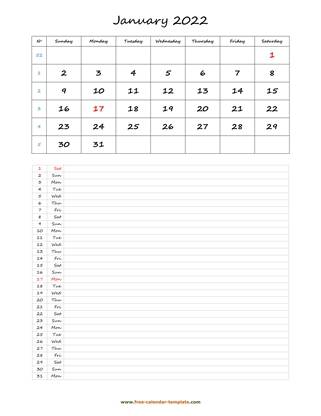 monthly 2022 calendar daily notes vertical