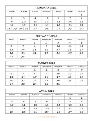 monthly 2022 calendar four months vertical