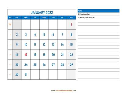 monthly 2022 calendar largenotes horizontal