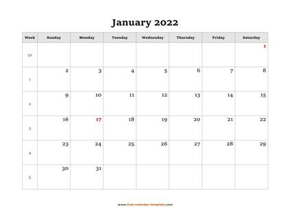 monthly 2022 calendar simple horizontal