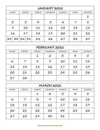 Printable 3 Month Calendar 2022 Free Monthly Calendar 2022, 3 Months Per Page (Vertical) | Free-Calendar- Template.com