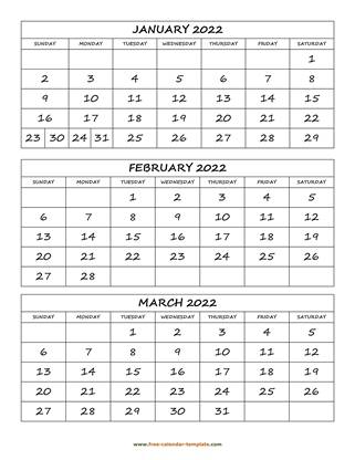 Free Monthly Calendar 2022, 3 Months Per Page (Vertical) | Free-Calendar -Template.com